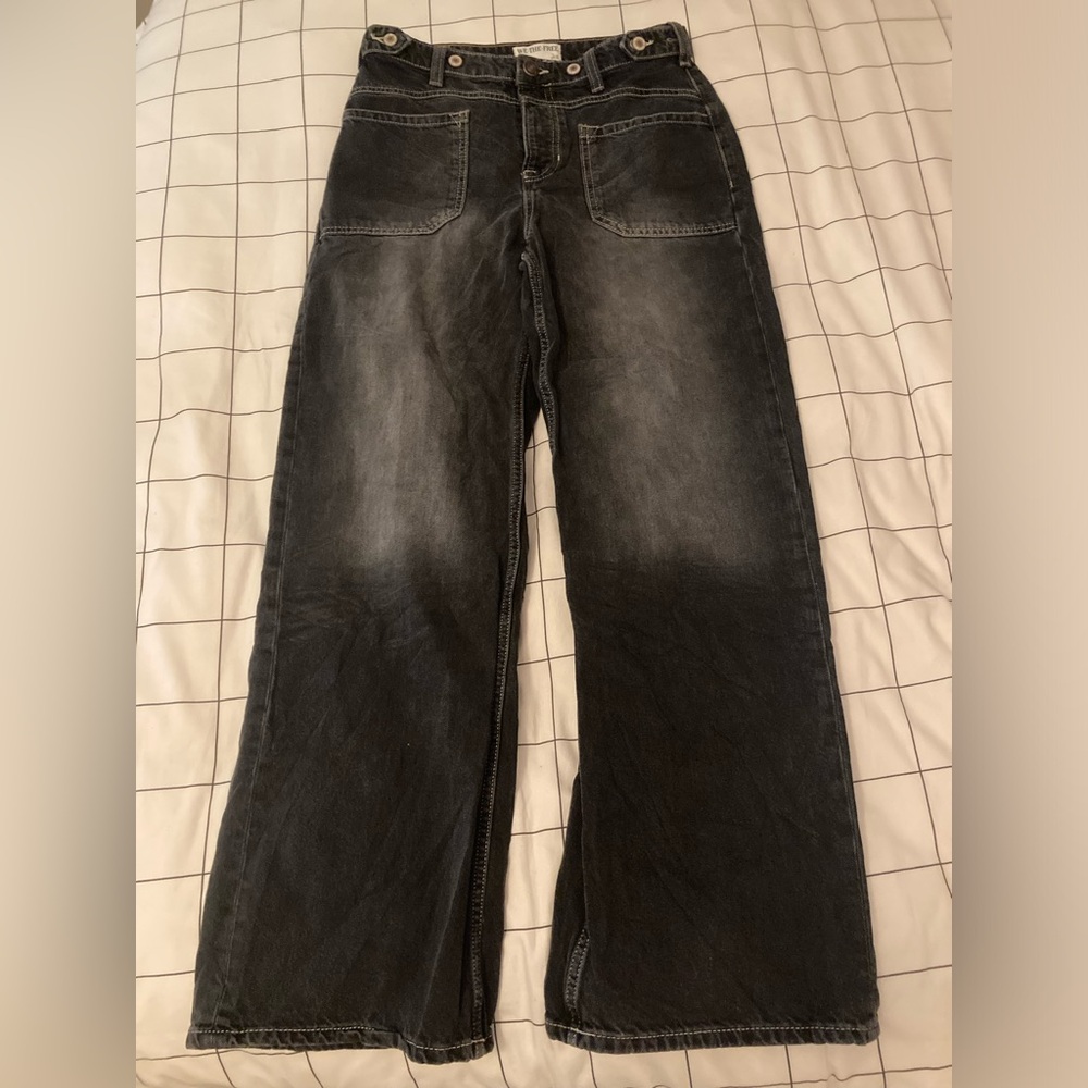 We The Free “Palmer” Black-Grey Washed Wide-Leg Jeans w/ Adjustable Cinch Waist